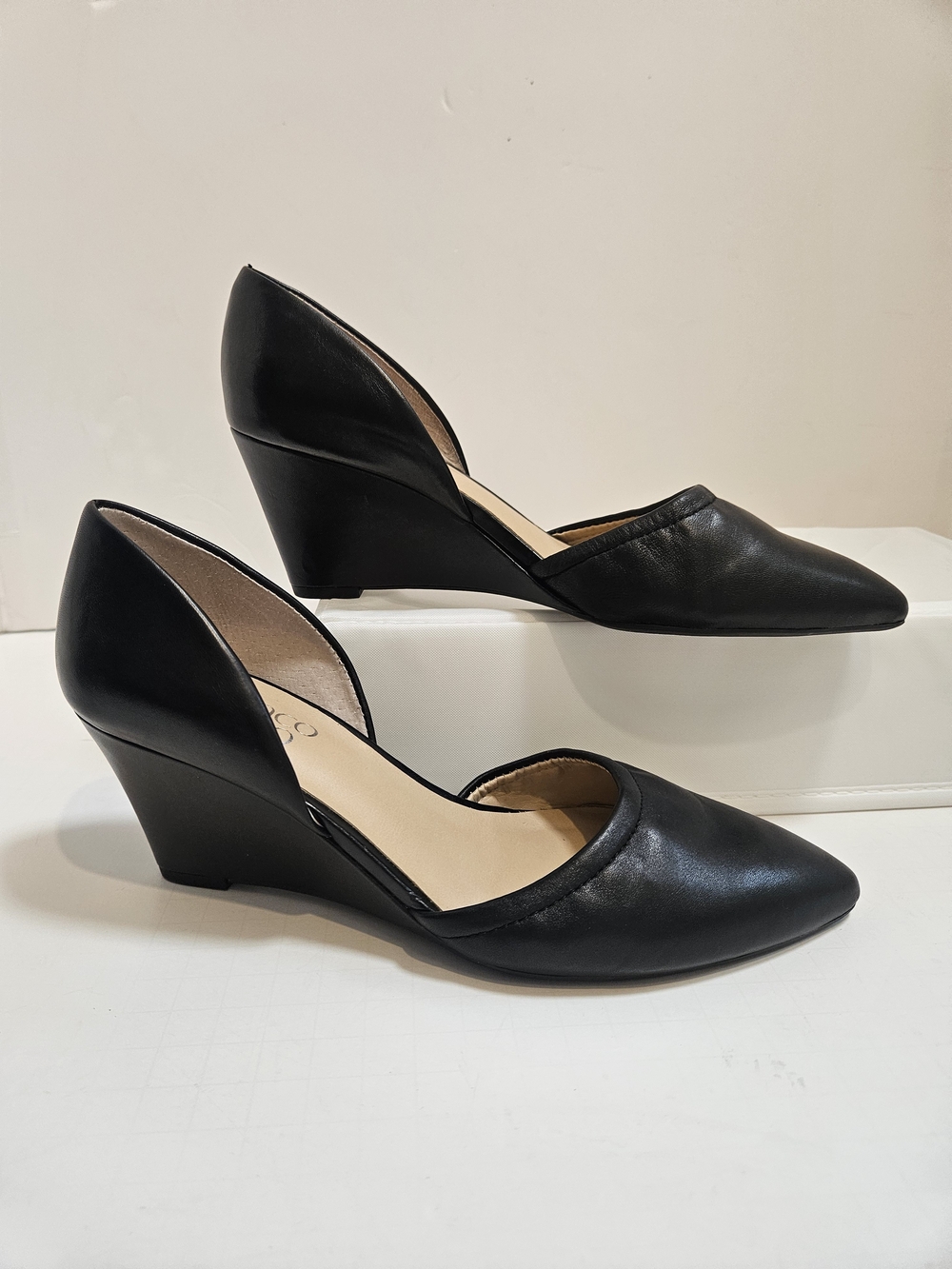 Franco Sarto Black Leather Fenvay Pointed Toe Wedge Pumps Heels Size 6.5M